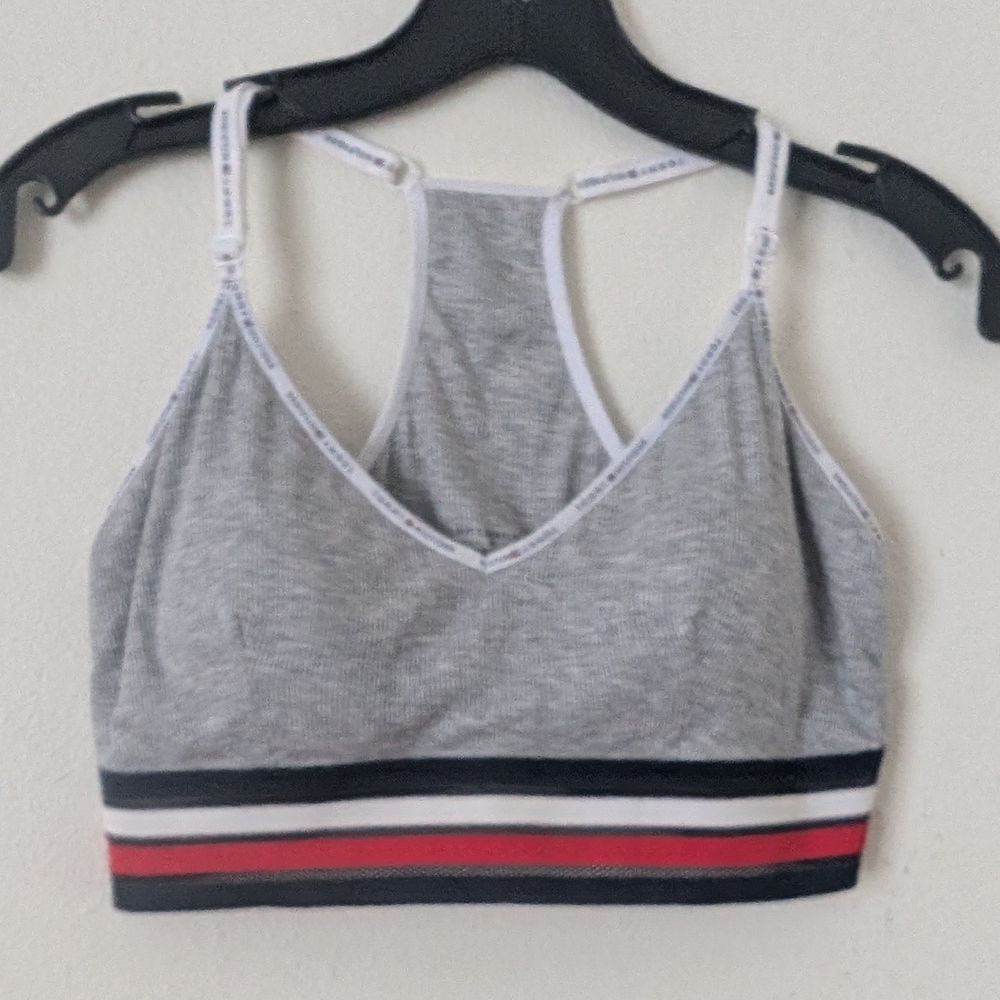 Tommy Hilfiger Gray Ribbed Sports Bra with Racerback, Red White and Blue Trim